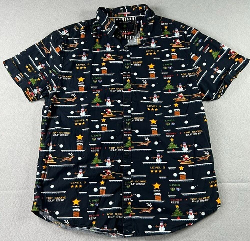 DENIM & FLOWER RICKY SINGH Holiday Video Game Short Sleeve Button-Up Shirt, Sz L